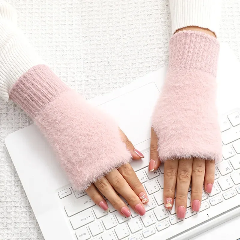 Winter Plush Gloves For Women Long Solid Color Thermal Wool Writing Driving Office Touch Screen Half-Finger Warm Knit Gloves