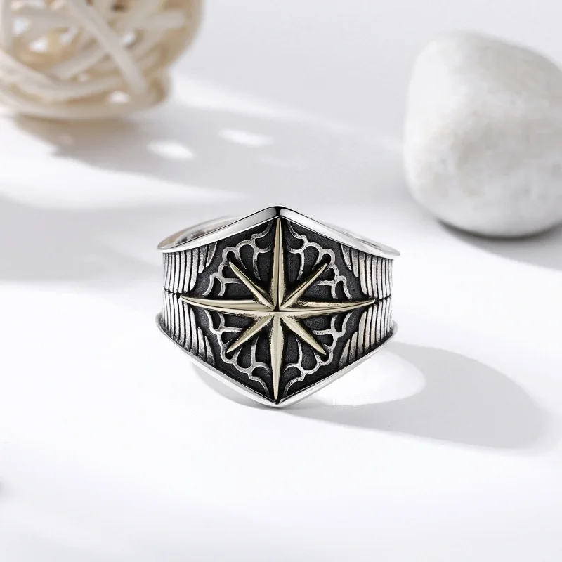 s925 sterling silver asterism ring men's open adjustable ring pattern index finger Thai silver vintage distressed ornament