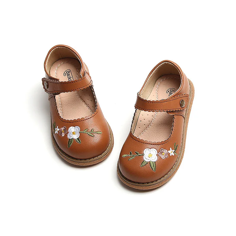 Children Leather Shoes Girls Genuine Leather Flower embroidery Shoes Soft Sole Non-slip Single Shoes Size 21-30