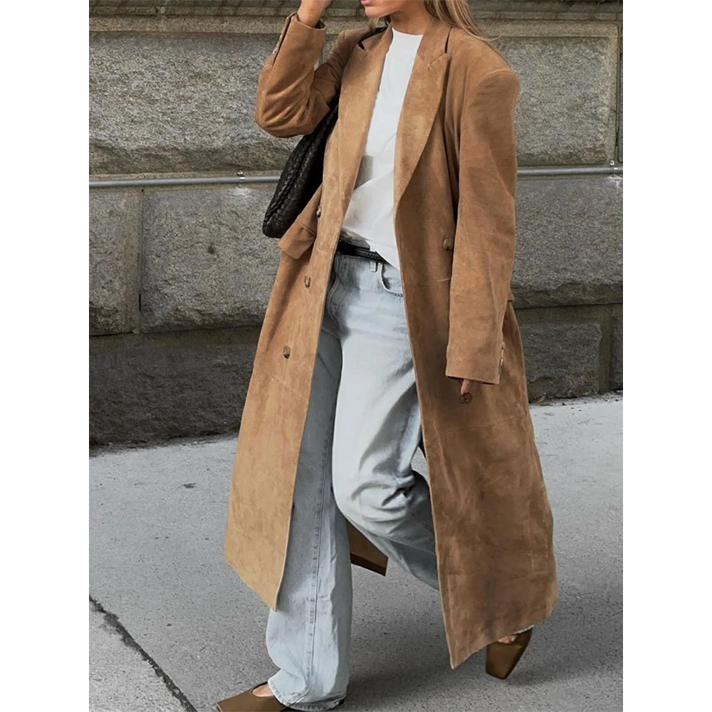 

Cross-Border Long Sve Double-Button Suede Coat Outerwear Women's Faion Large Size Outerwear Ele Pure Color Windbreaker