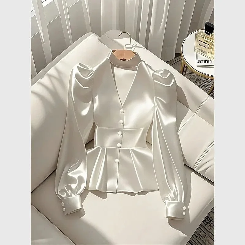 

Shirts & Blouses Fashion Loose Spring Sweater High-grade Luxury Waist white Satin Long-sleeved Shirt Ladies Trend Tops Shirts