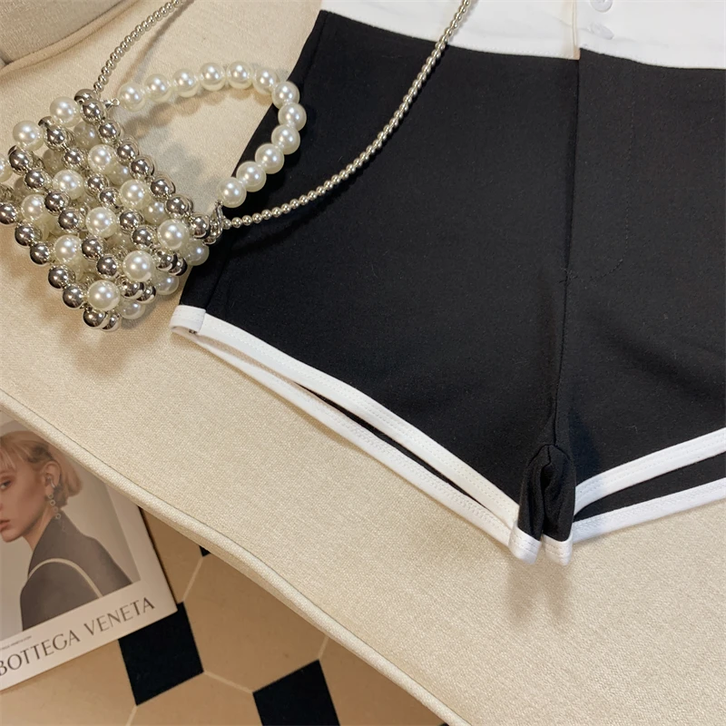 New Fashion Black White Patchwork High Waist Wrap Hip A-line Shorts Women Summer Gray Casual Wide-leg Short Pant Trend Popular