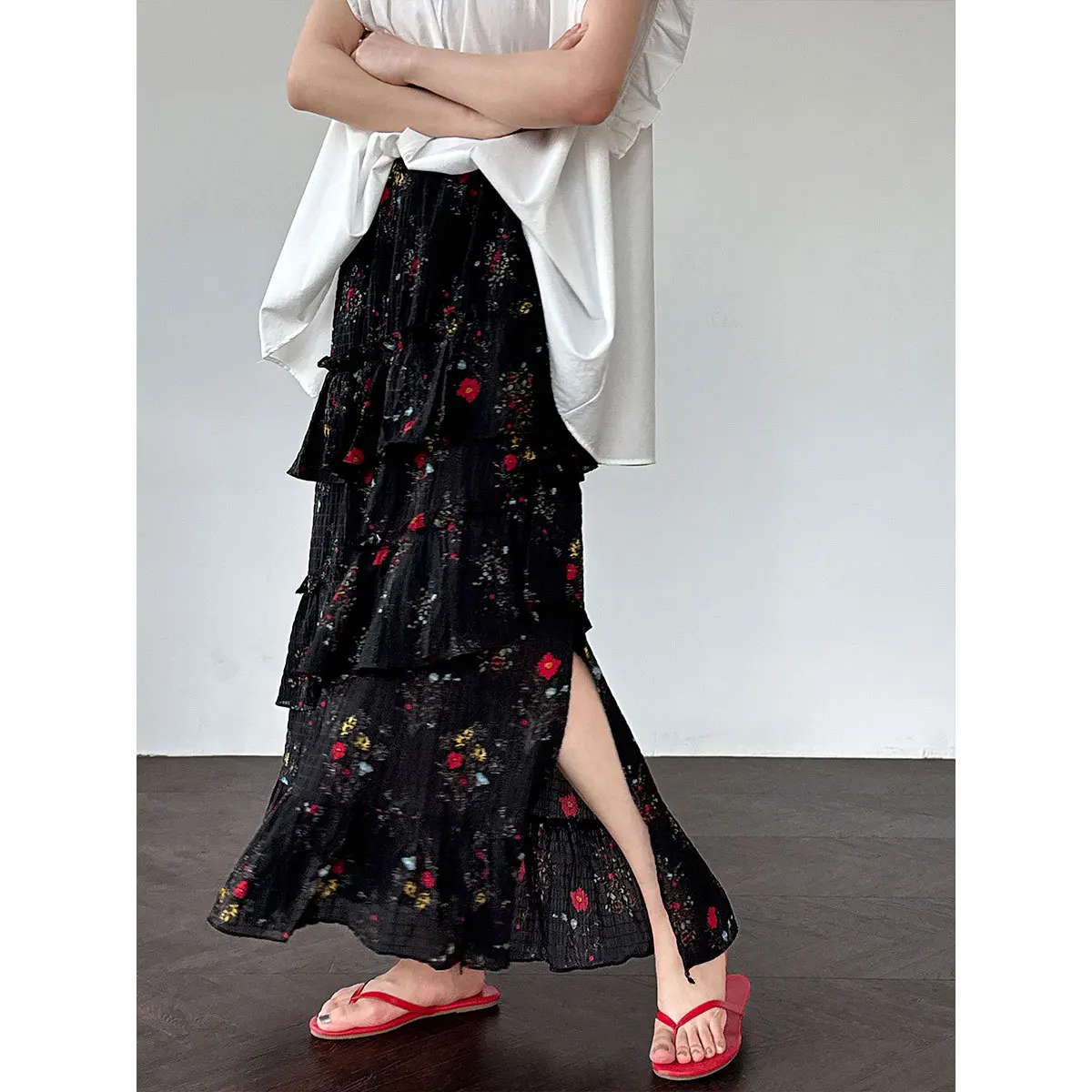 Women Floral Puffy Skirts Pleated Slit Skirt Ankle Lenth A Line Elastic Waist Thin Loose Fit Elegant Casual 2026 Spring Summer