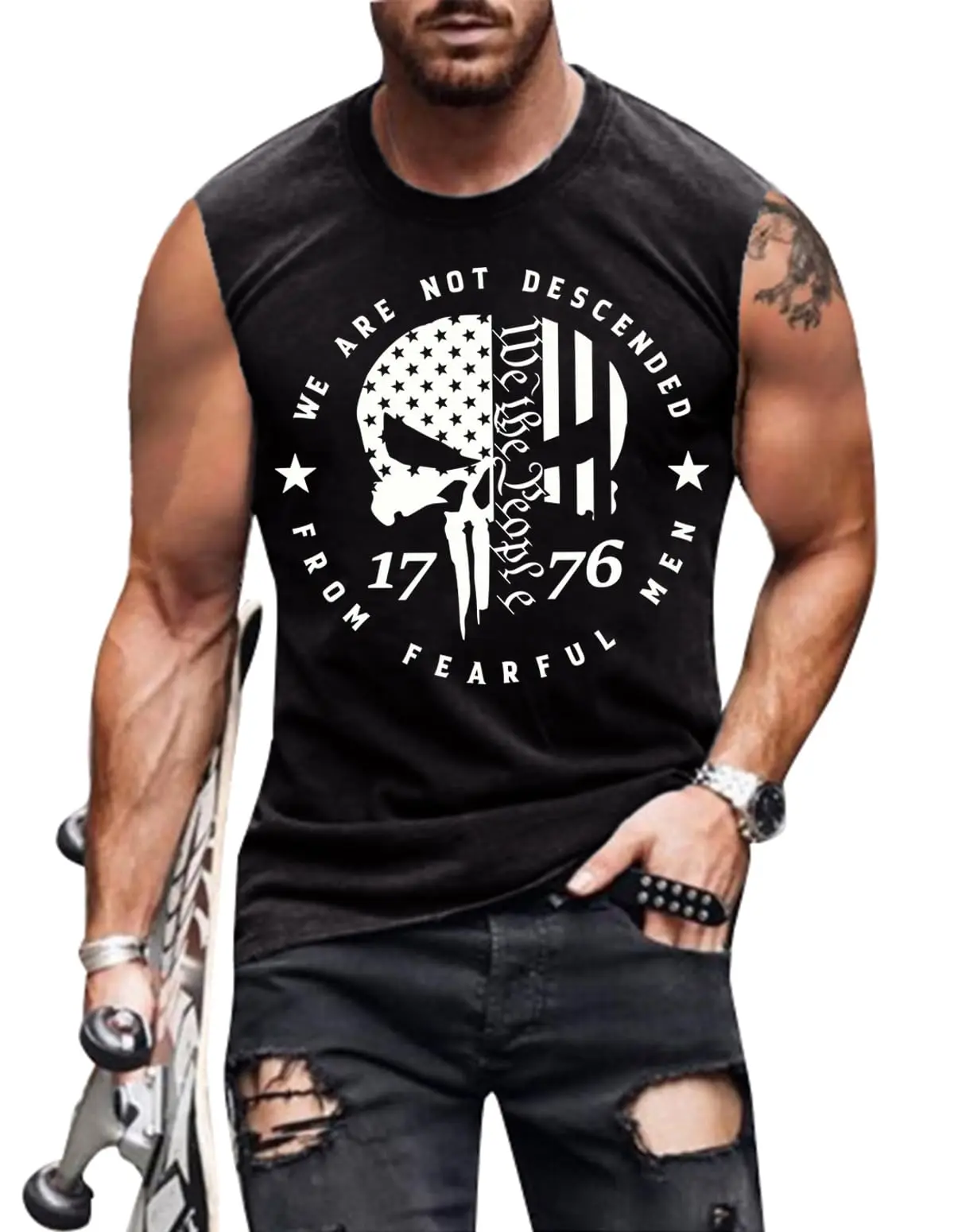 Men's new summer Sports Casual round letter skull number three pattern printed black comfortable sleeveless vest top