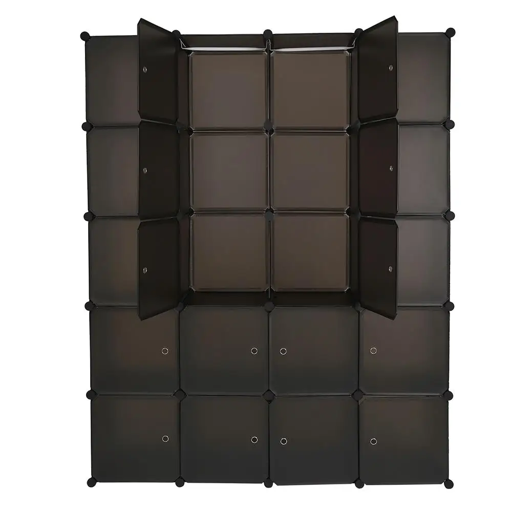 20-Cube Stackable Plastic Storage Organizer - Multifunctional Modular Closet Shelves with Hanging Rod, Brown