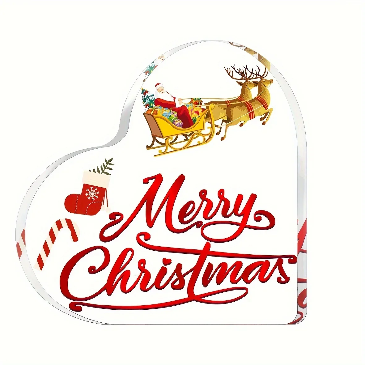 Merry Christmas Heart‑Shaped Acrylic Plaque, Santa Reindeer Sleigh Table Decor,Classic Xmas Heart Acrylic Sign, Christmas Stocking Candy Cane Desktop Ornament