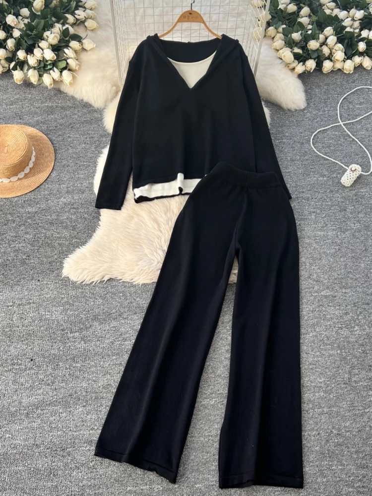 Lazy Style Sweater Two Piece Sets Women Patchwork Hooded Knitted Top Autumnwinter Loose Casual High Waist Wide Leg Pants Suits