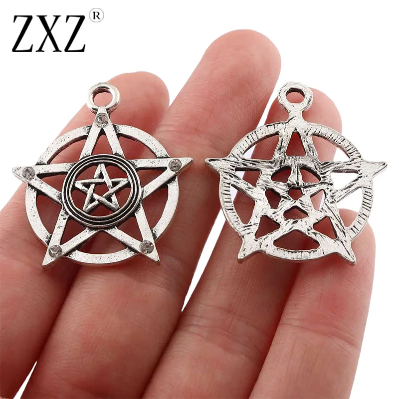 

10pcs Antique Silver Simple Pentagram Star Round Charms Pendants for DIY Necklace Jewelry Making Findings