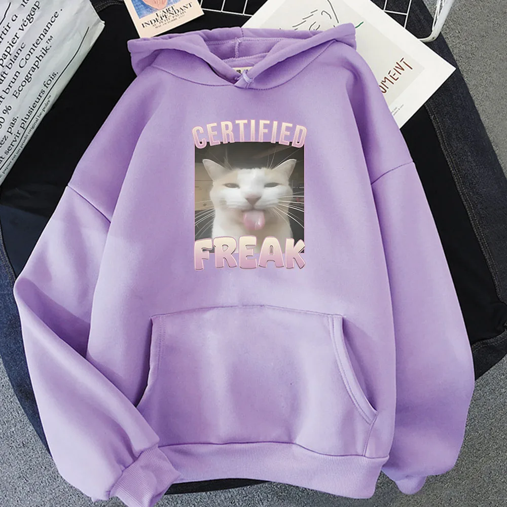 

Funny Cartoon Meme CAT Hoodies Certified Freak Sweatshirts with Hooded Streetwear Graphic Clothes Men/Women Casual Soft Hoodie