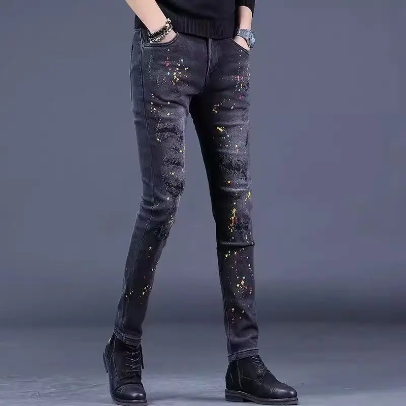 2025 新しいトレンディなメンズプリントジーンズスリムフィットジーンズ男性ファッションクラシックデニムスキニージーンズ男性メンズカジュアル高品質ズボン