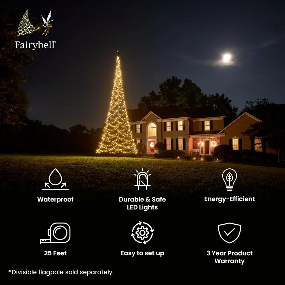 Christmas Tree Flagpole LED, Outdoor Christmas Decorations, Warm White, 1,500 LED Tree - 25ft - Suitable for Existing Flagpoles