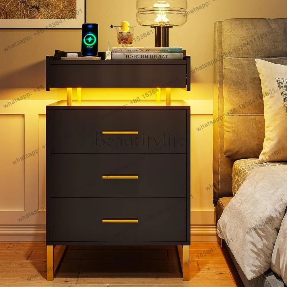 LED Nightstand Set of 2 with Charging Station, Night Stand with 3 Drawers and 1 Pull-Out Tray, Modern End Table with