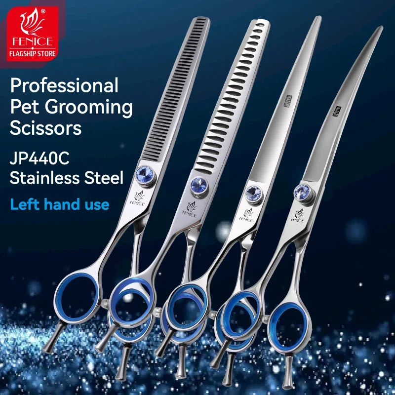 Fenice JP440C Professional 7/7.5/8 inch Left-handed Dog Cutting Curved Fluffy Thinning Chunker Scissors Straight Grooming Shears
