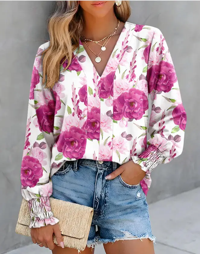 

Ladies' Chiffon Shirt Casual Elegant Temperament V-Neck Flower Print Lantern Sleeve Design Wide Truffle Back Long Sleeved Shirt