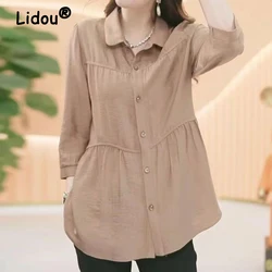 Damen bekleidung Vintage einfarbig Halbarm Knopf Hemd koreanische einfache lässige lose Bluse Baumwolle elegante Tops Blusas Mujer