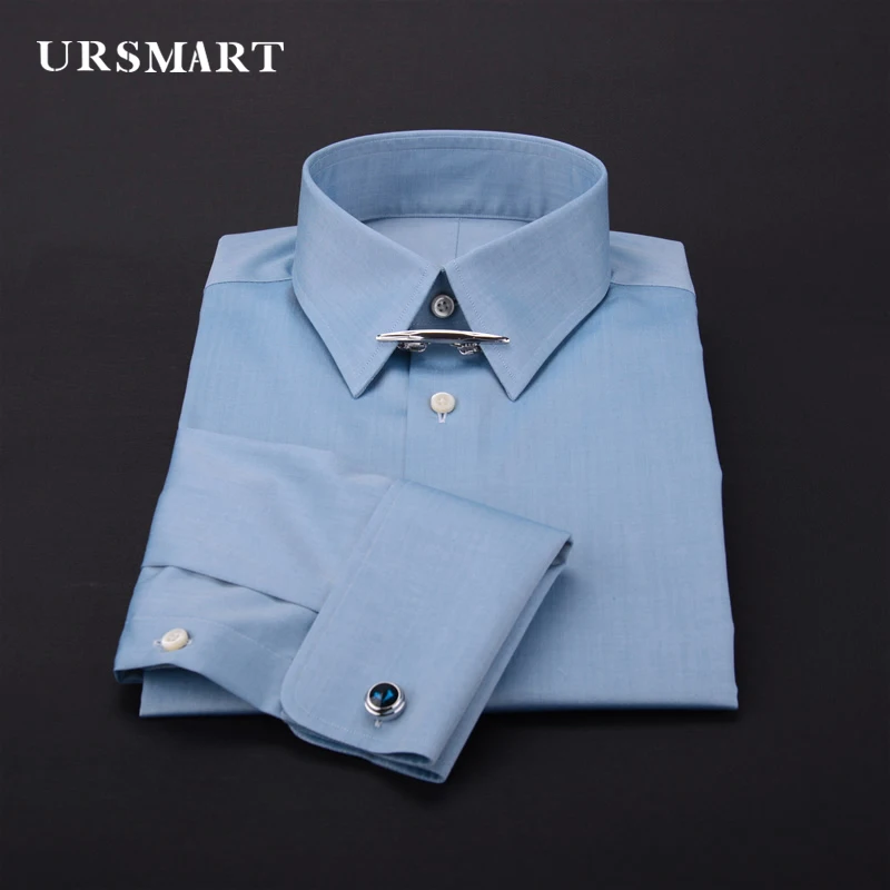 Mens French long-sleeved clip-on collar shirt long pointy collar slim British retro shirt for men