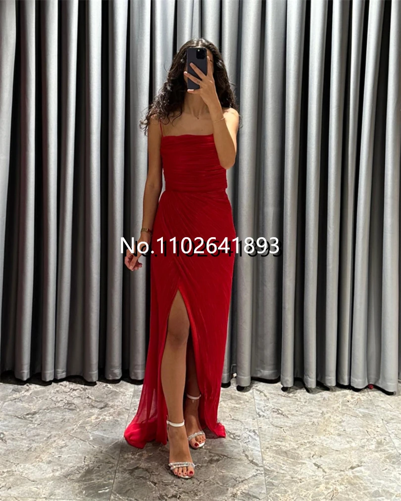 Nersesyan Rose Pink Long Evening Dresses Mermaid Lace Up Backless Side Slit Party Gown Spaghetti Strap Tulle Pleated Prom Gowns