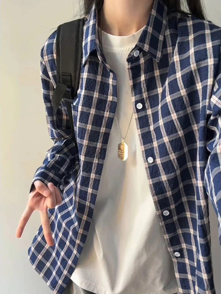 

American Retro Blue Plaid Long Sve irt Men's Korean Sle College Wind Coat Couple's Outerwear Loose Fit Polyester Fiber
