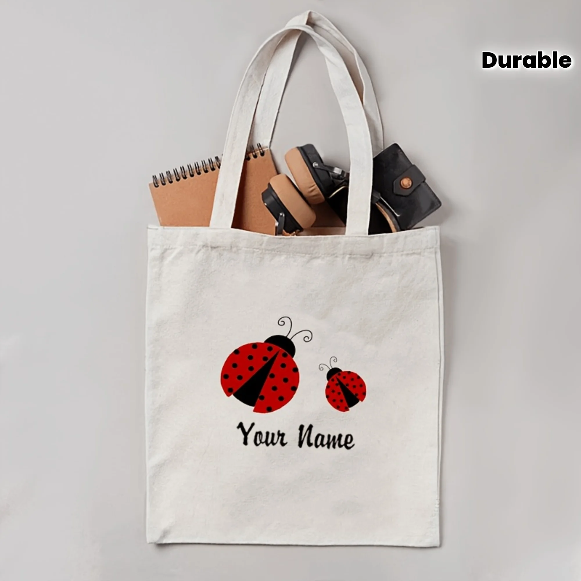 

Customizable Ladybug & Geometric Pattern Polyester Canvas Tote Bag - Personalized Name, Durable Square Shoulder Bag