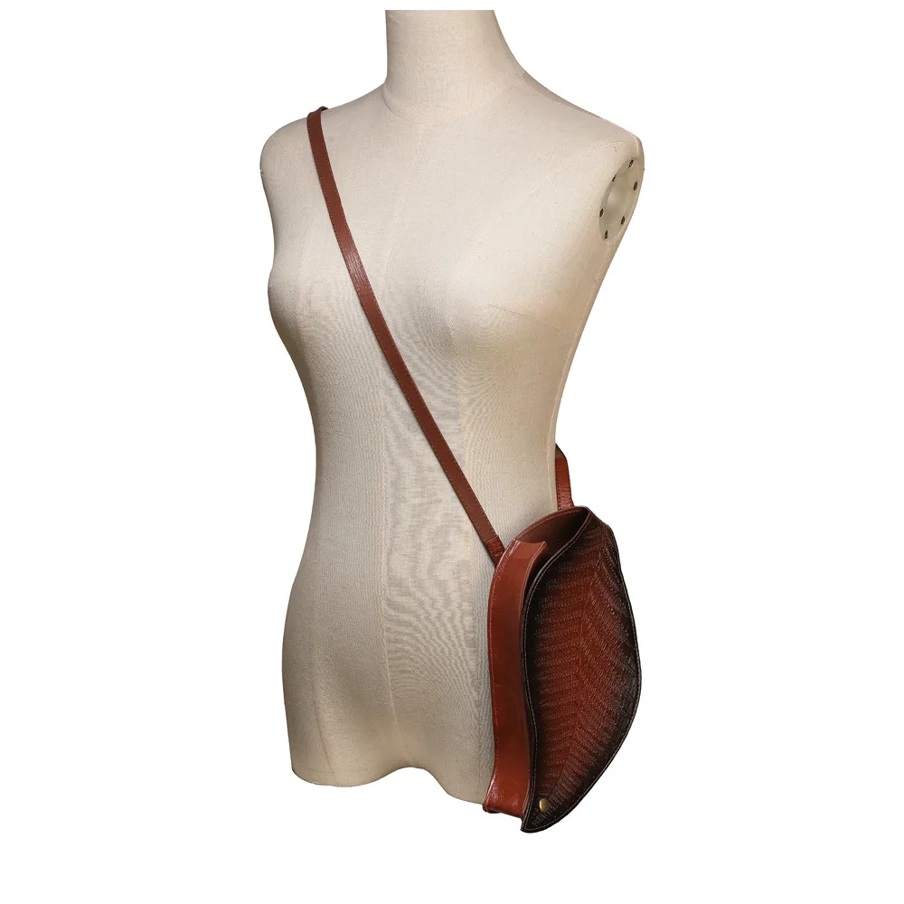Medieval Inspired Woven Pattern Leaf Design PU Crossbody Bag Cosplay Shoulder Bag Renaissance Accessory Waist Bag