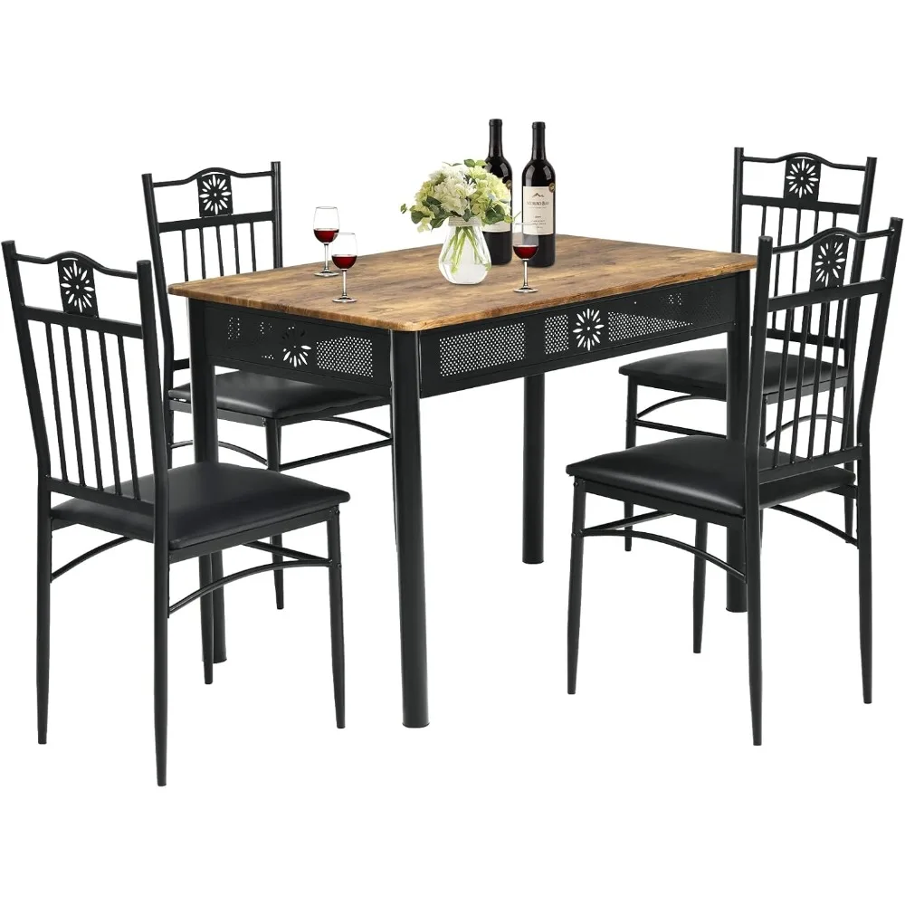 5 Pieces Dining Table Set, Modern Kitchen Table Set for 4 Person, 42” Rectangular Table w/ 4 Upholstered Chairs