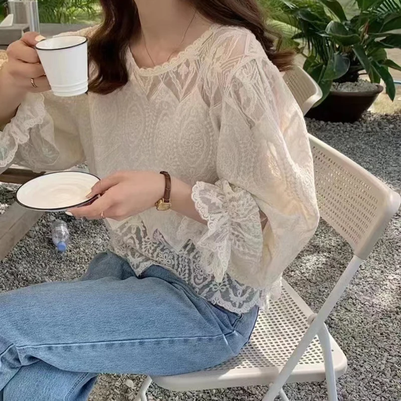 Crochet Long Sleeve Lace Blouse Women Elegant Casual Loose White Shirt Hollow Summer 2023 Ladies O Neck Tops Blusas Mujer 27340