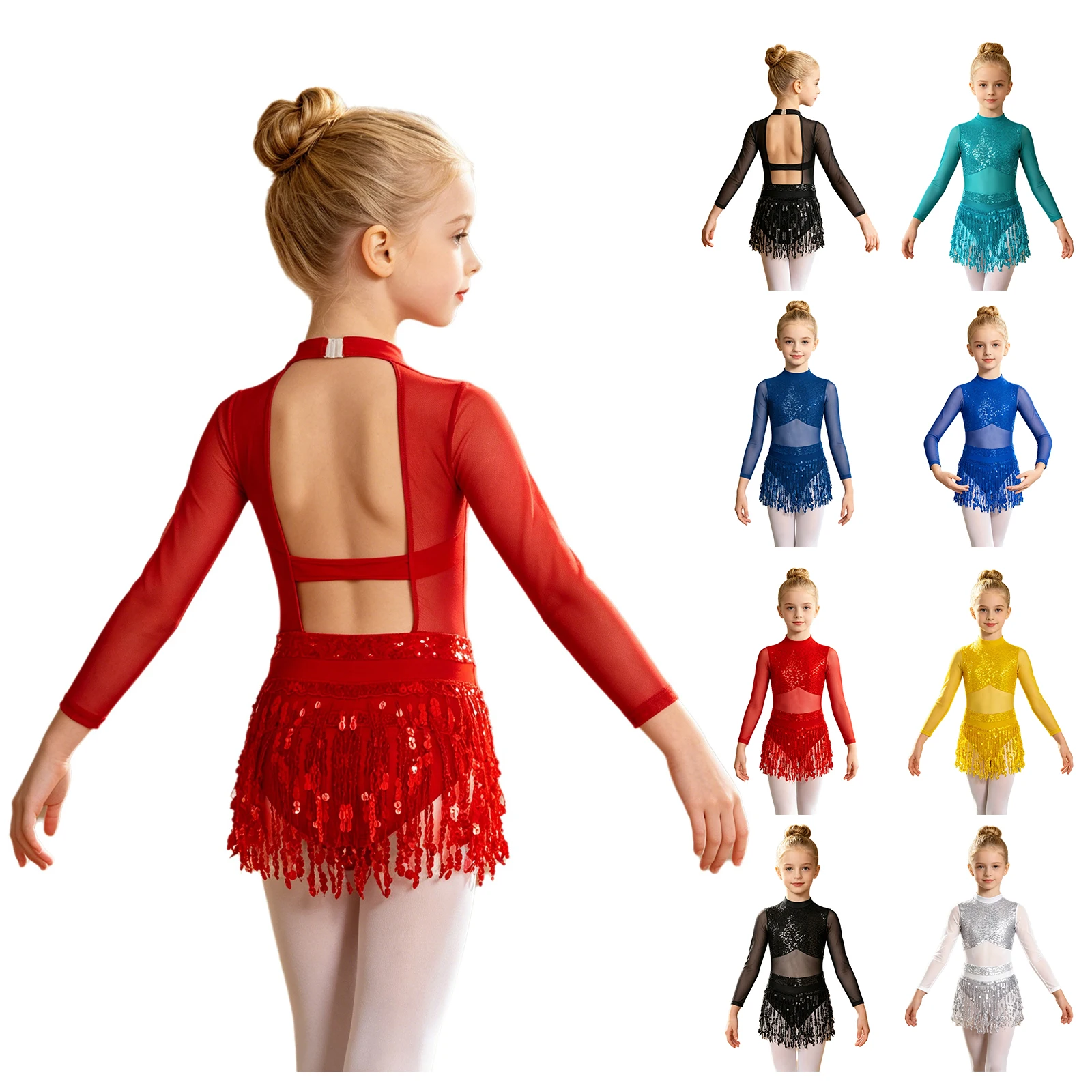 Girls Tassels Latin Jazz Dance Dress Mesh Long Sleeve Shiny Sequin Leotard Figure Skating Ballroom Cha Cha Tango Rumba Dancewear view 6