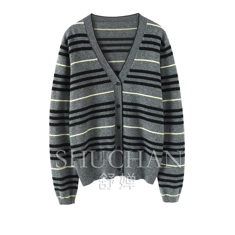 Striped 100% Cashmere Sweater Women New Thick Warm Knit Clothing Winter Korean Fashion  Cardigan Women  England Style