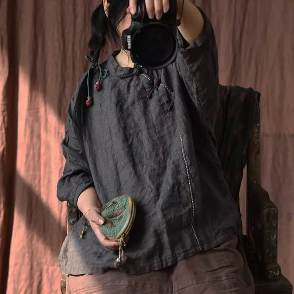 

Высокое качество, маленький клетчатый льняной свободный легкий топ, женский пуловер с пряжкой в виде диска, ручная вышивка, рубашка, весна-лето