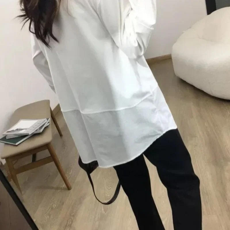 White T-shirts Women Patchwork Spring Autumn Loose Long Sleeve O-neck Solid Simple All-match Chic Sweet Japan Style Fashion Slim