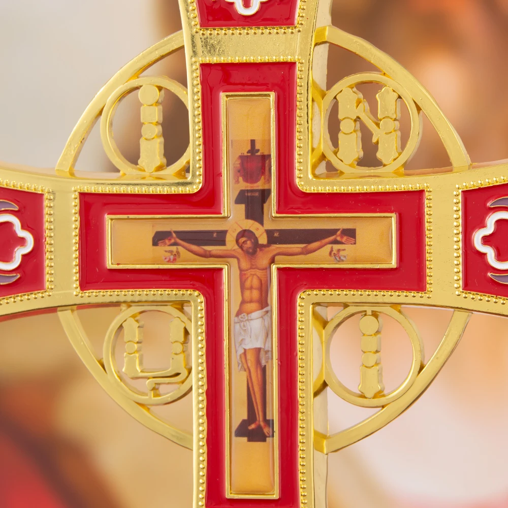 HTISOK Orthodoxes Altarkreuz im Byzantinischen Stil, Vergoldet, Emailliert, Stehendes Jesus-Kruzifix zur Kirchendekoration, Orthodoxes Kreuz – Detail 18