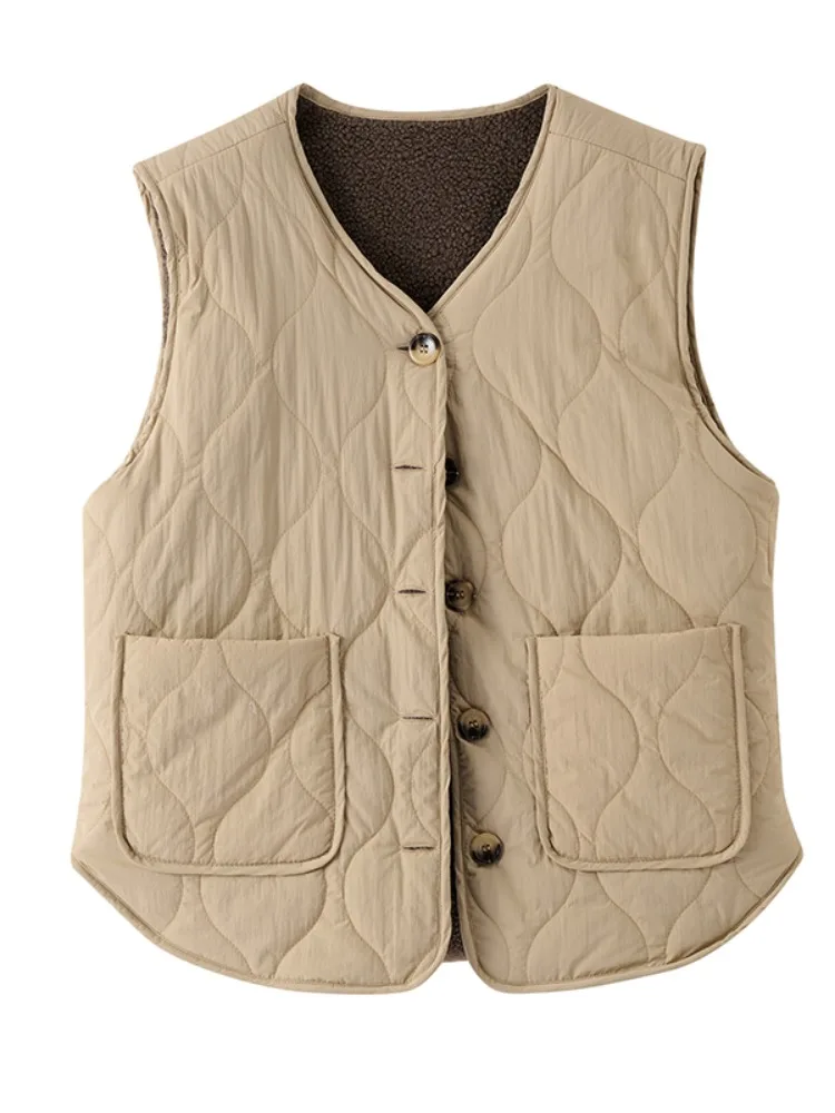 

Retro Japanese Sle Women's Vest Double-Sided Cotton Lined Lamb Fur Warm Svel Layering Top for Winter Commute