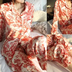 Spring Summer Pajamas Set Luxury Print Homewear Women Red Satin 2Pcs Pjs Long Sleeve Trousers Set Loose Home Clothes Loungewear