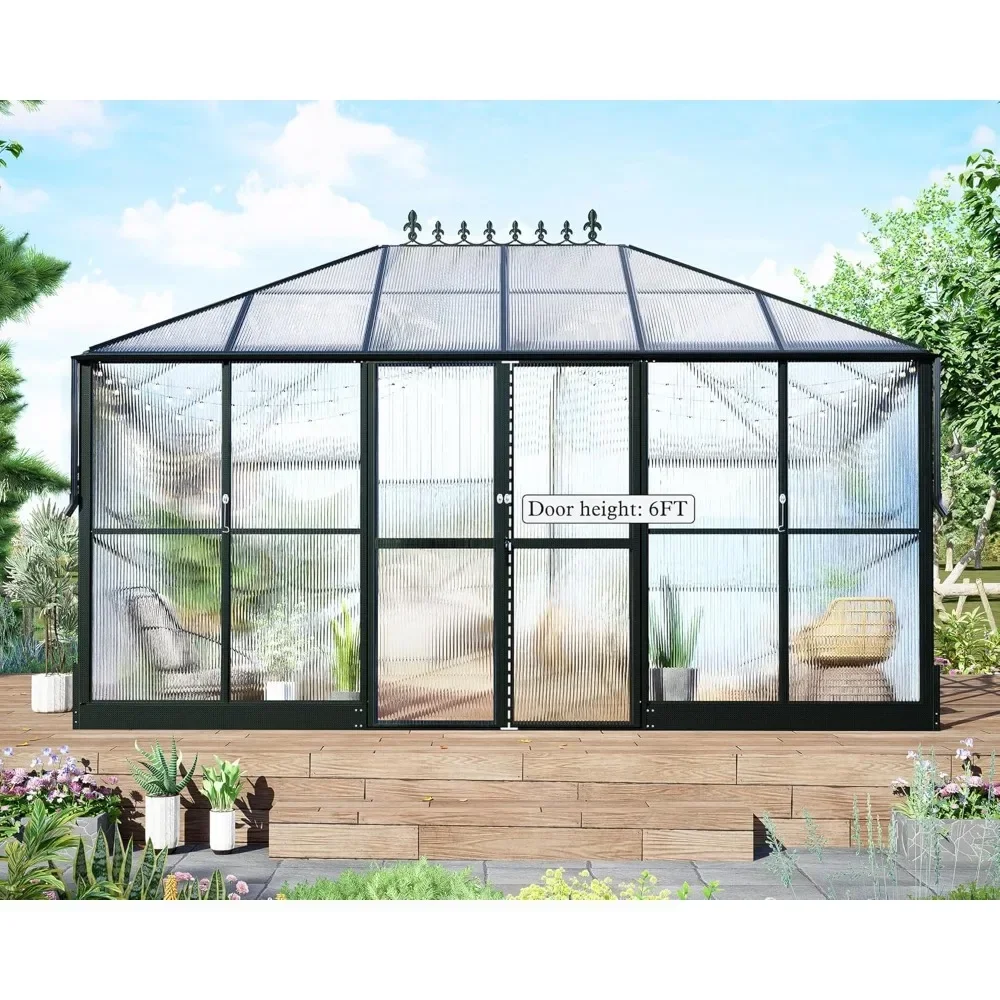 14x9.5x9 FT Polycarbonate Greenhouse with 2 Vents and 2 Swing Doors, Walk-in Large Winter Greenhouse Sunroom Aluminum Greenhouse