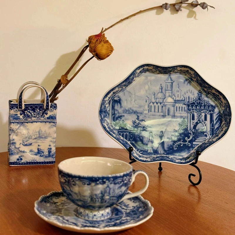HandPainted Blue Willow Castle Underglaze Porcelain Plates Vintage Collectible Dinnerware Dessert Plates for Fine Dining