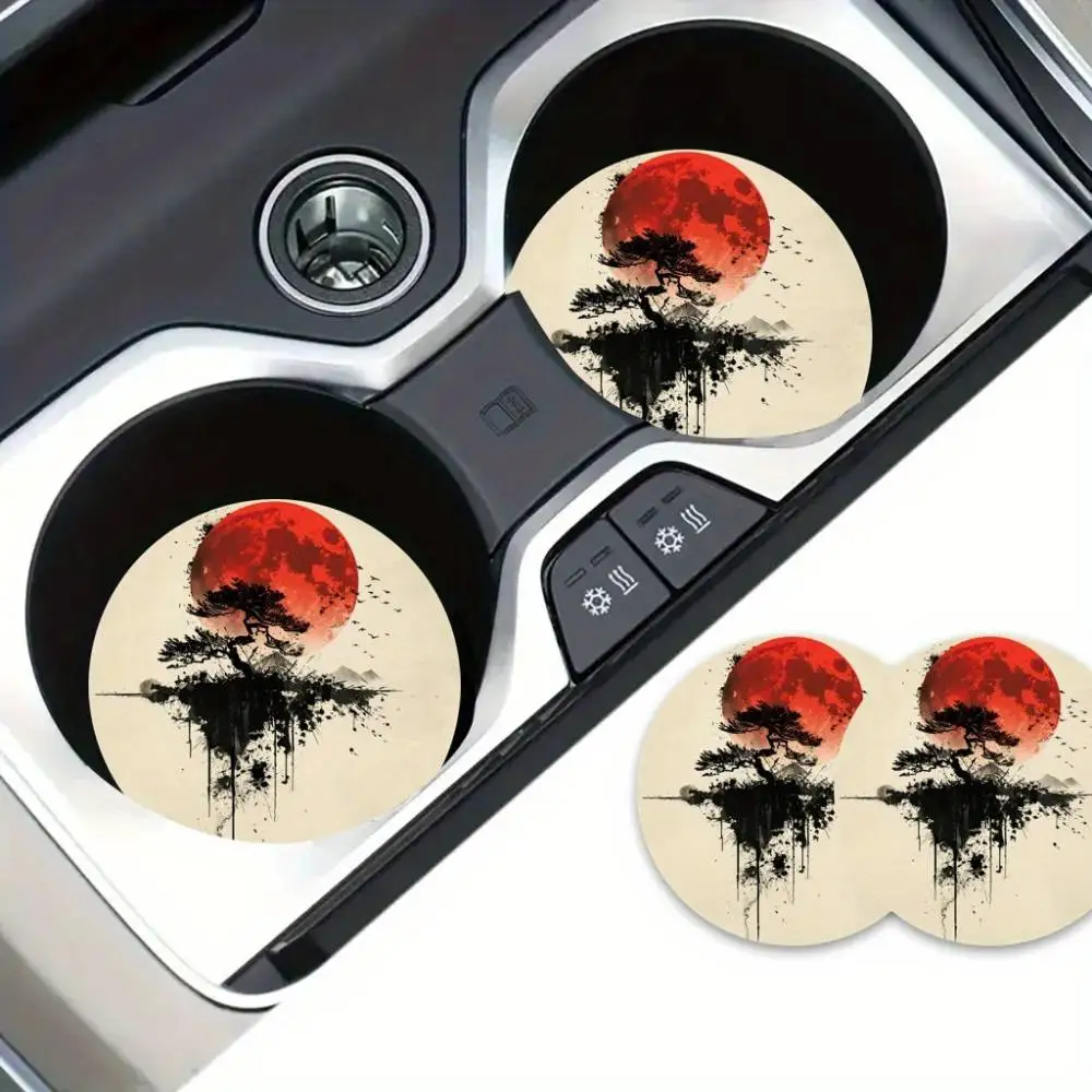 Ink Landscape Art EVA Car Coasters 2pcs Absorbent Universal Fit Vehicle & Home Great Gift Idea Stocking Stuffers