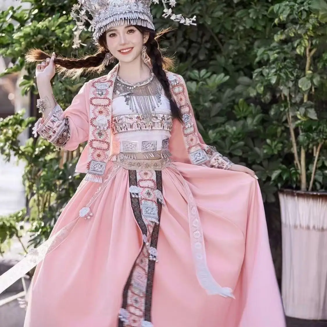 Strój damski Hmong, styl narodowy, etniczna mniejszość Tujia, różowe stroje sceniczne dla dziewcząt, vintage, odzież podróżna, ubrania ślubne, strój świąteczny