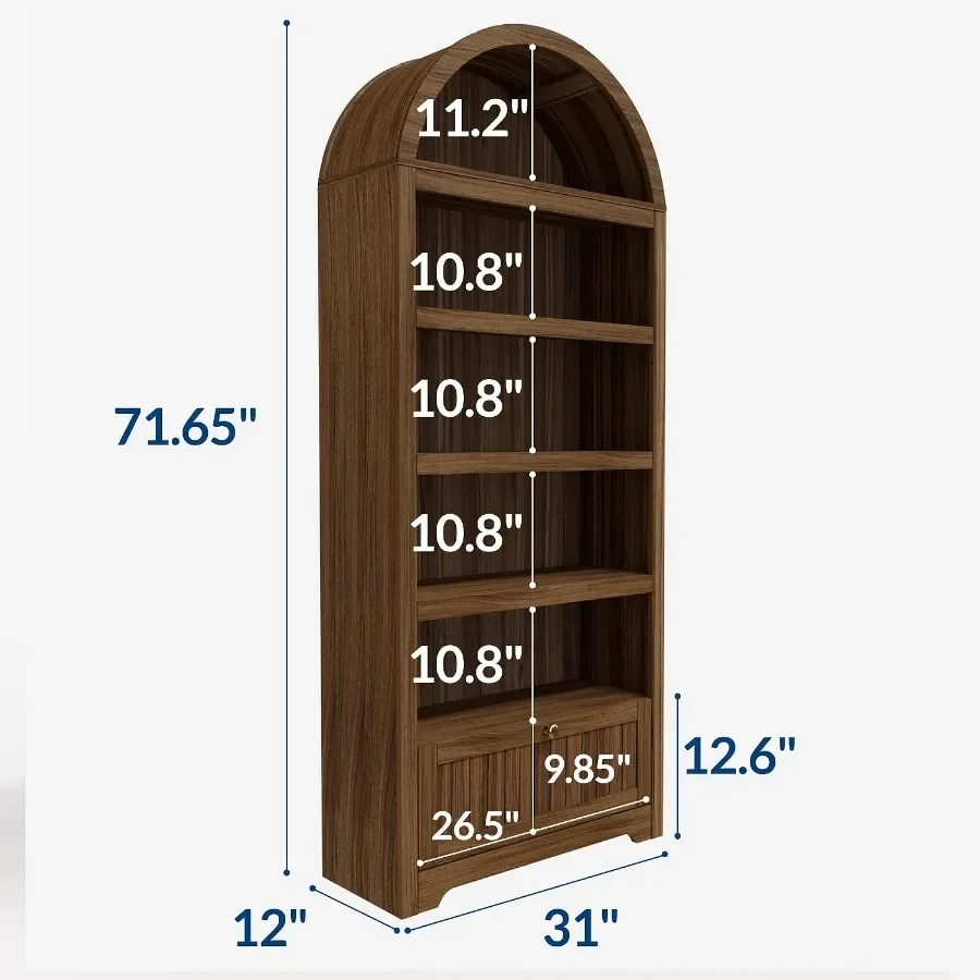 Arched Bookshelf with Drawer for Living Room, Solid Wood, White, Space-Saving Design with Smooth-Glide Drawer