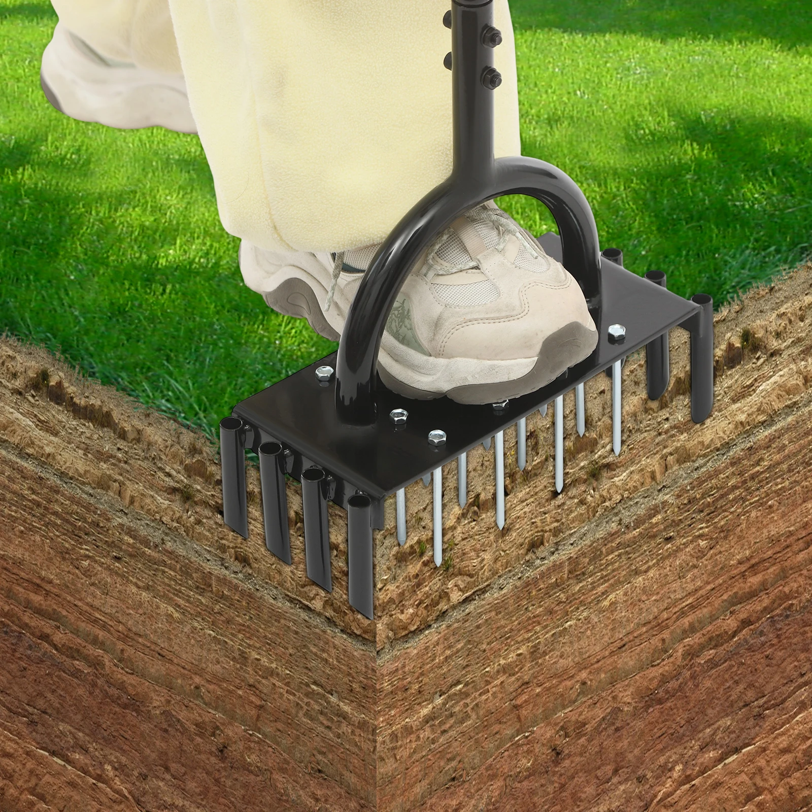 Stehender Rasenbelüfter – 2-in-1 Bodenlockerer & Belüfter mit 16 massiven Spikes & 8 Kernlöchern, ergonomischer T-Griff, arbeitssparend – Detail 4