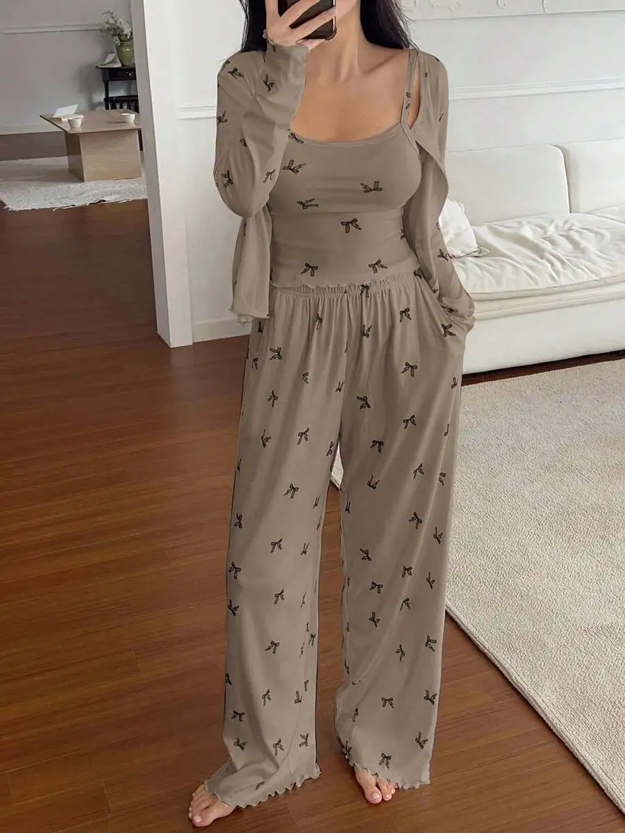 

3 Piece Bow Print Pajama Set With Cardigan Camisole And Wide Leg Pants For Women