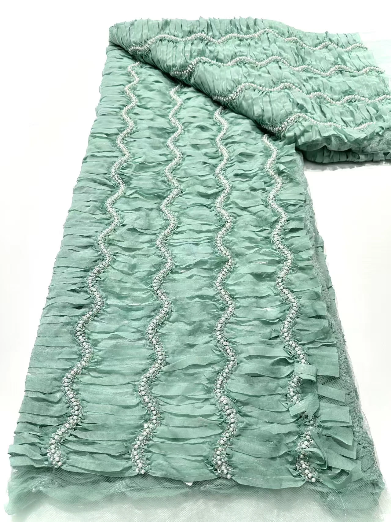 African Chiffon Tulle Lace Fabric French Luxury Sequins Beads Mesh Lace Fabric Nigerian For Woman Evening Clothes Dresses SZ1588