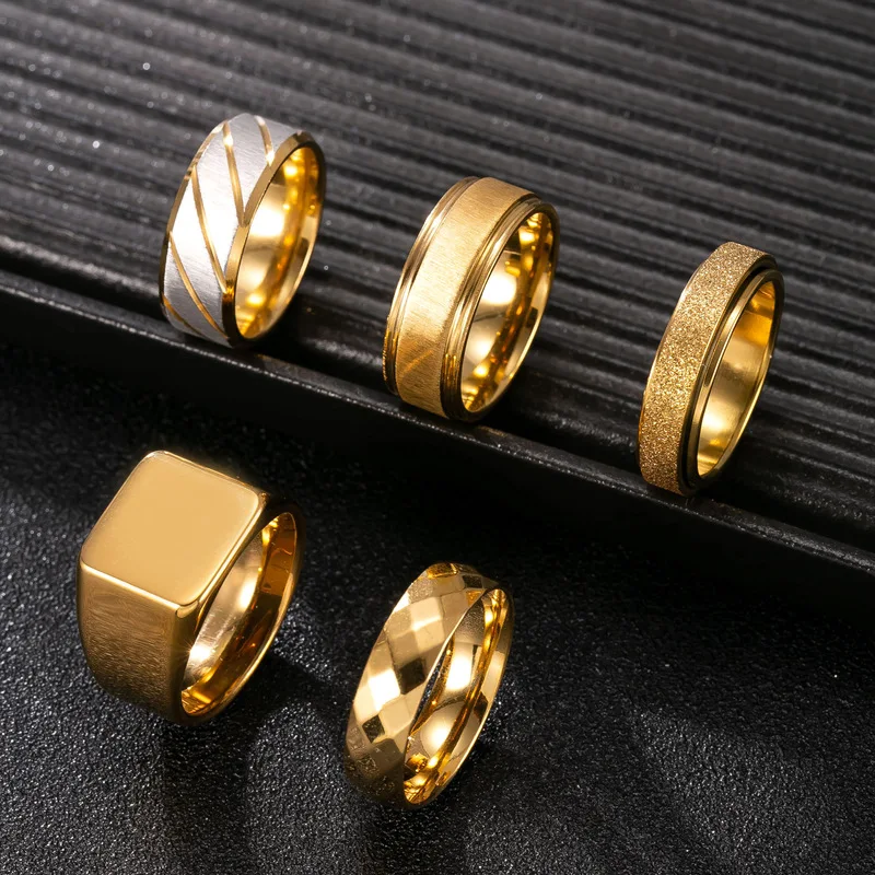 Gold Silver Two‑tone Stainless Steel Men Ring, Brushed Cut Signet Ring, Multi‑style Trendy Finger Accessories for Men