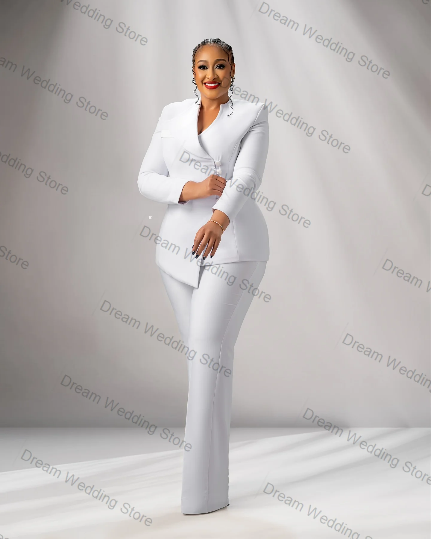 

White Guest Women Suit Set 2 Pcs Blazer+Pants Trousers Single Breasted Cotton Formal Office Lady Jacket Customized Wedding Coat