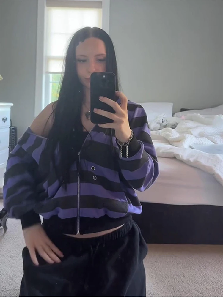 

Women's Purple Black Stripe Zip-Up Hoodie with White Cross Patch 2026 Y2K Gothic Streetwear Hooded Jacket