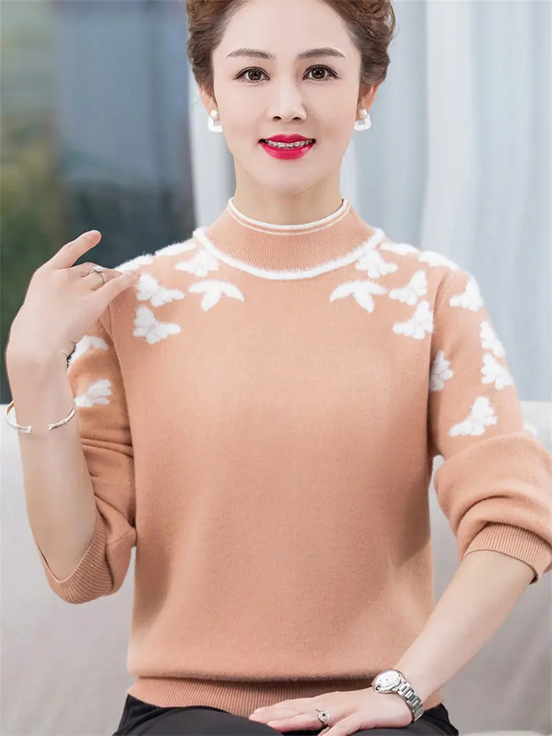 

Wild Pullovers Autumn And Winter Clothes Plush Thickened Bottoms Knitted Warm Shirts Women Semi High Neck Sweater Tops T1381