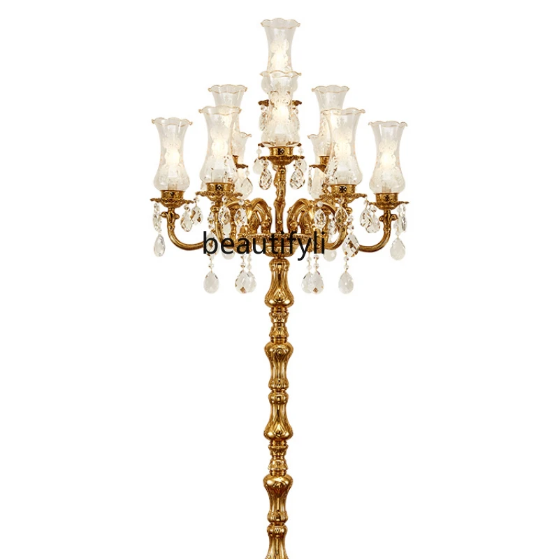 HJ Copper Floor Lamp Large Living Room Lamp French Lamp Multi-Head Crystal Floor Lamp