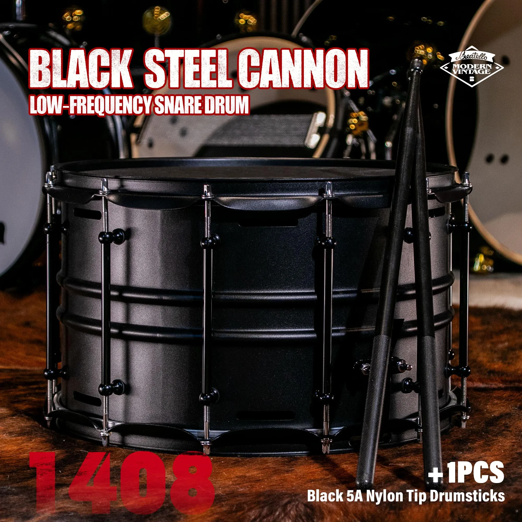 

14x8" Low-Frequency Snare Drum | Carbon Black Steel Shell With PVC Heads & Nylon Sticks | Powerful Punch Projection