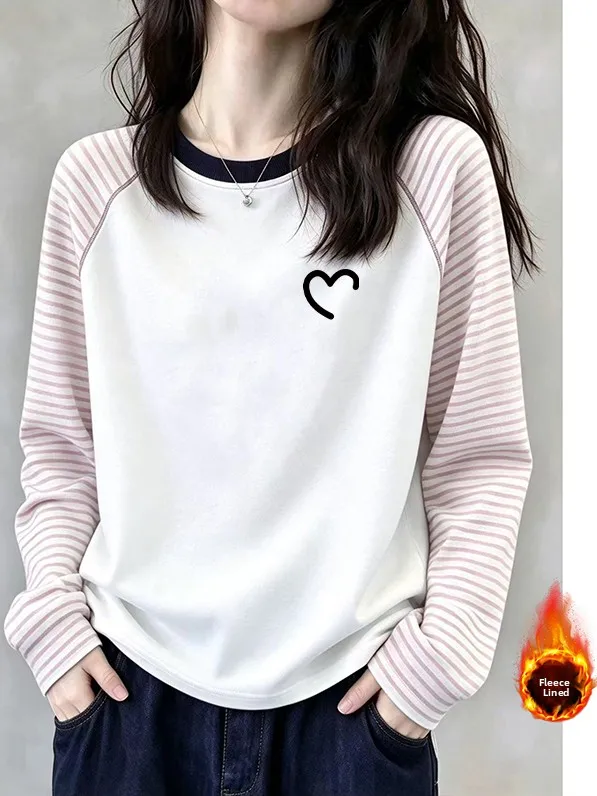 Shoulder Insert Long Sleeve T-Shirt Women's Autumn Winter Stripe Color Block Base Layer Shirt Top Fashionable Casual Sweatshirt