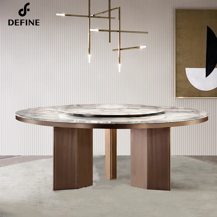 Modern Convertible Dining Table with White Round Sintered Stone Top Stainless Steel Pedestals Hotel School Use 10-Year Warranty