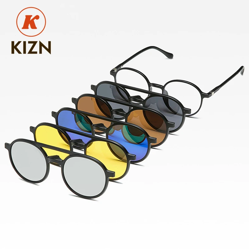 

KIZN круглые очки для близорукости с обесцвечиванием, модные женские и мужские поляризационные магнитные клипсы 6 в 1, зеркальные солнцезащитные очки, очки по рецепту